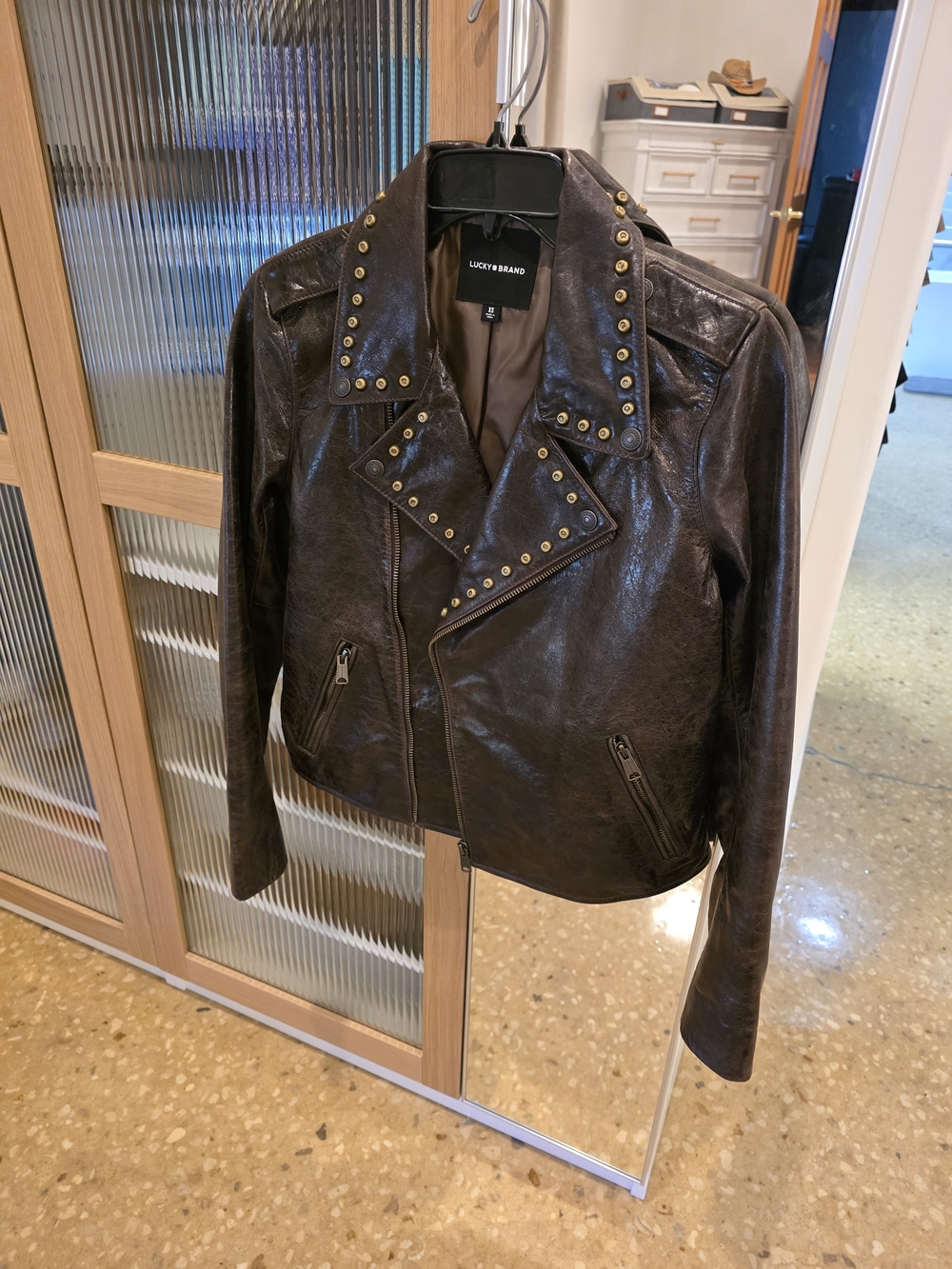 Lucky Brand Dark Brown Studded Moto Jacket with Gold Accents